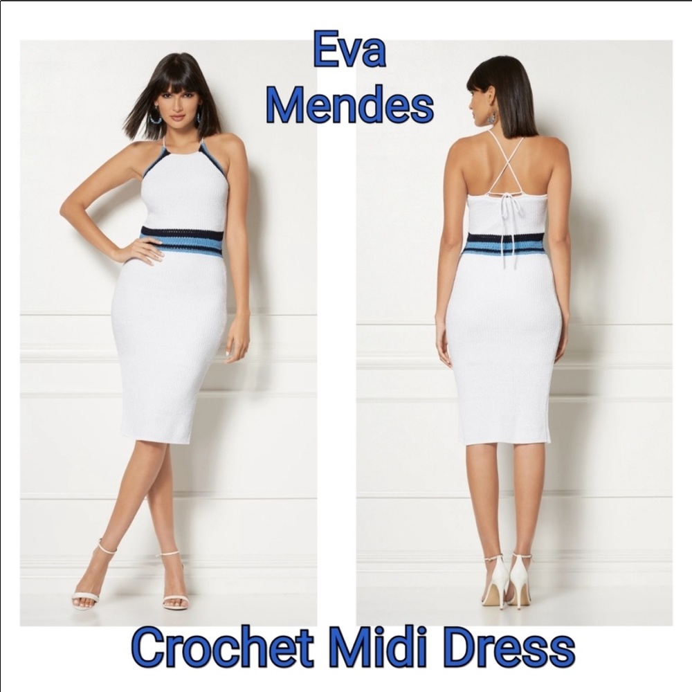 New York & Company White Crochet Midi Dress with Blue & Black Waistband